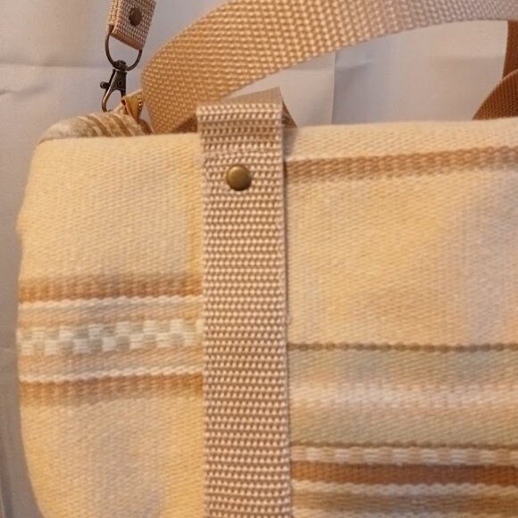 New Canvas Upholstery Mini Duffle Travel Bag Tan Sage embroidered Shoulder Cross - Picture 10 of 13